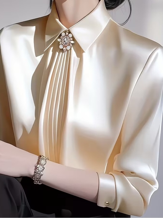 Passion of Essence Tops - Elegant Satin Pleated Collar Blouse - Light Gold